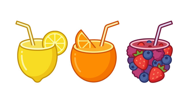 Refreshing cartoon fruit drinks in lemon, orange and berry designs