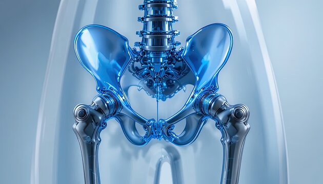 Metallic blue pelvis and upper leg bones depicted in a scientific illustration.