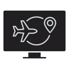 Fototapeta premium Computer screen displays airplane and map pin icons in flight route concept icon