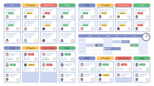 Project management kanban board with task status columns.