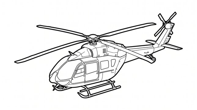 A clean black and white line art vector graphic of a modern utility helicopter, showcasing detailed main rotor blades, landing skids, cabin doors, windows, and tail rotor assembly.