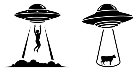 Alien flying saucer abducting human and cow with light beam in classic sci-fi flat vector style © Camel