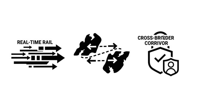 Set of icons: Real-time rail, cross-border corridor, data security and network connection