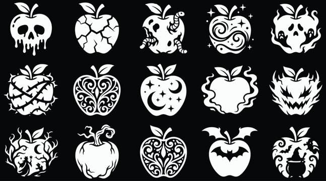 Spooky halloween vector bundle poison apples with skull snake bats magical designs for creepy projects