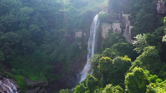 Waterfall in the jungle. Sri Lanka. Ramboda Falls in the rainforest.