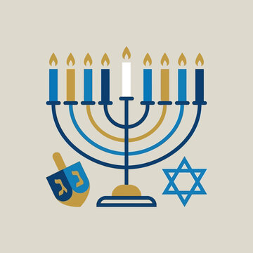 Hanukkah menorah with lit candles, a dreidel and a Star of David