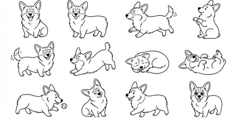 Fototapeta premium SEO Title: Cute Welsh Corgi Dog Doodle Collection in Hand Drawn Vector Style