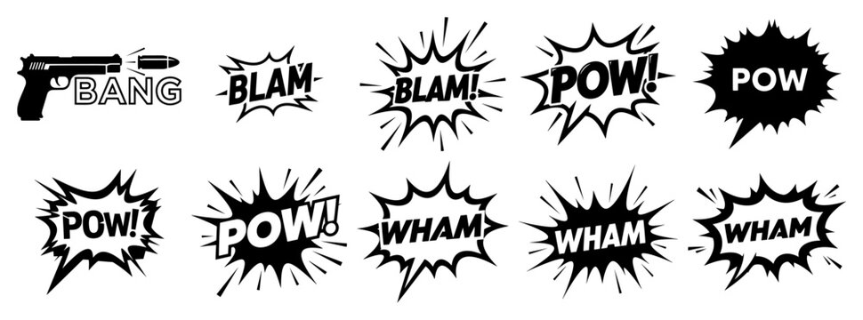 Comic book action bubbles with bang pow wham sound effects and gun icon in pop art style