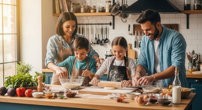 Multi-generational family preparing homemade pizza together in a cozy kitchen. Happy parents and children bonding over cooking and baking with fres...
