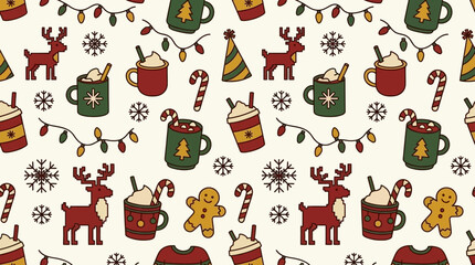 Cozy Christmas seamless pattern featuring hot cocoa mugs and pixelated reindeer © kapol