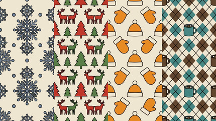 Charming winter holiday patterns featuring snowflakes, reindeer and warm accessories © karin