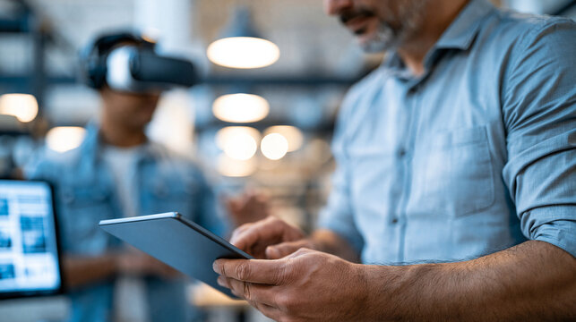 Young european engineer using a tablet while a colleague in a virtual reality headset presents a new product over the shoulder composition faces out of frame bright modern