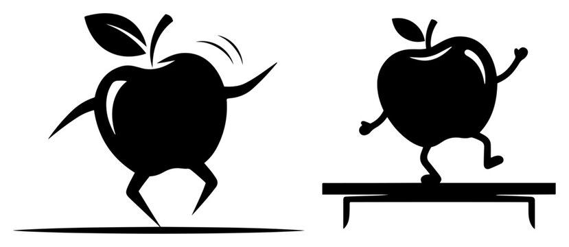 Dancing apple character and apple walking on balance beam silhouettes representing healthy active lifestyle