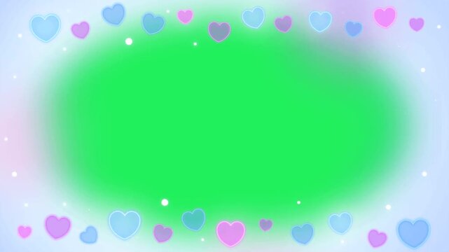 Animation purple heart shape frame on green background.