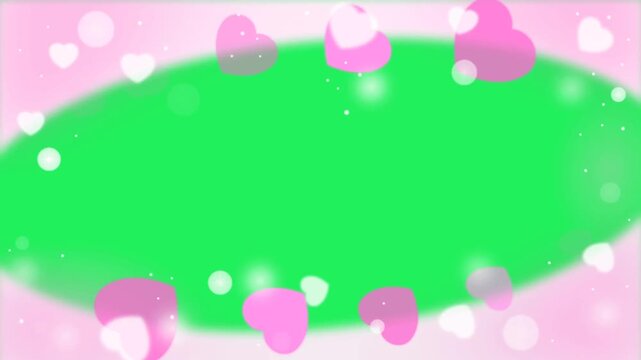 Animation pink heart shape frame on green background.