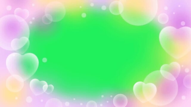 Animation white heart shape frame on green background.