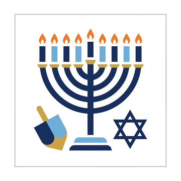 Hanukkah menorah with lit candles, a dreidel and Star of David on white background