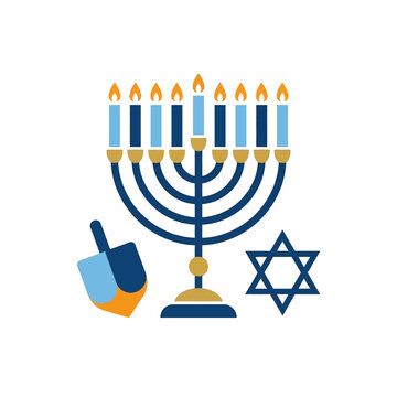 Hanukkah menorah with lit candles, a dreidel and Star of David vector illustration
