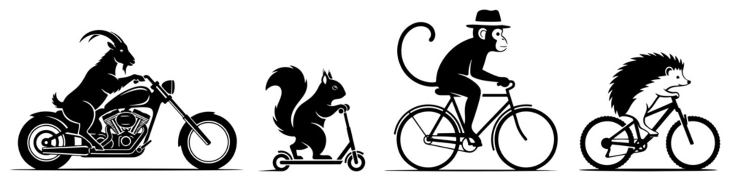 Animals riding vehicles including goat on motorcycle and monkey on bicycle in black silhouette style