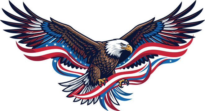Patriotic american bald eagle flying with waving flag ribbon vector illustration on white background