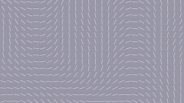 Industrial seamless 3D background with large white dashes rotating on a matte steel gray field. Sleek minimalist kinetic loop for tech, architecture, and corporate presentations
