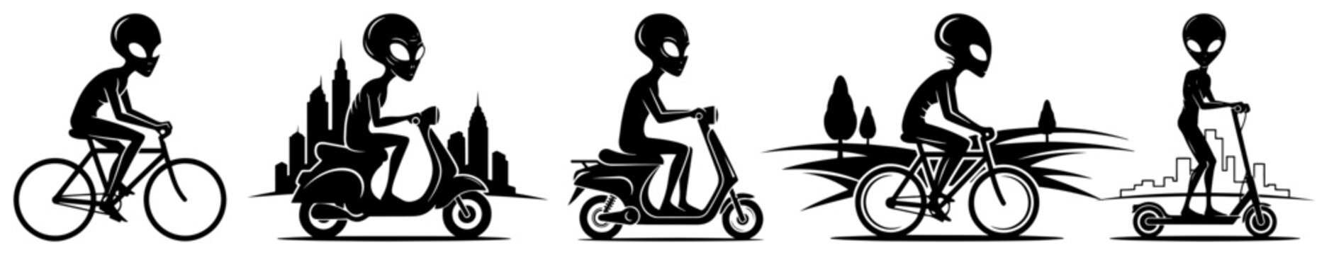 Alien characters riding bicycles and scooters in urban and nature settings in black silhouette vector style