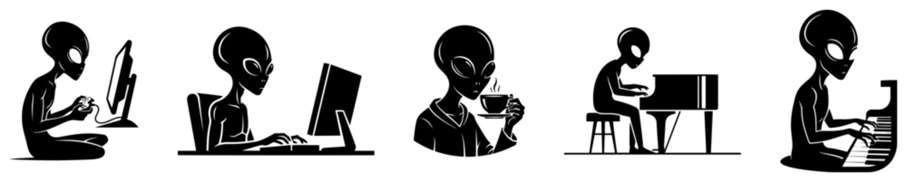 Alien characters playing video games typing on computers drinking coffee and playing piano in black silhouette vector style