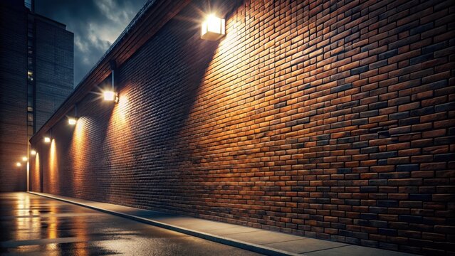 Dark brick wall illuminated sidewalk urban night scene minimalism alley