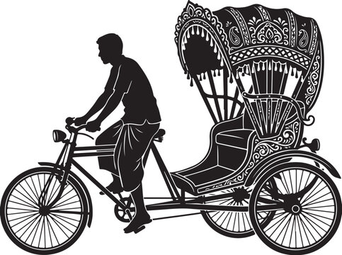 Traditional cycle rickshaw silhouette with driver, ornate vintage tricycle taxi from South Asia, black and white rickshaw vector illustration