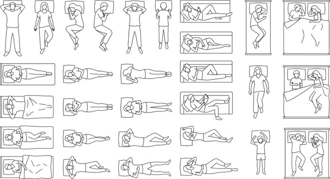 Sleeping Positions CAD Human Entourage Vector Collection with Top View Bed Poses and Resting People Illustrations