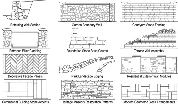Stone Masonry Construction Detail Outline Vector Set with Retaining Walls Boundary Fences and Architectural Patterns