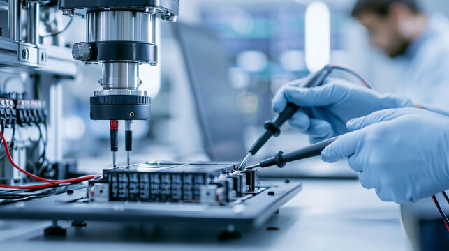 Automatic testing machine measuring voltage of a smart battery pack for renewable green energy bright laboratory bench probes on terminals gloved hands cropped voltage