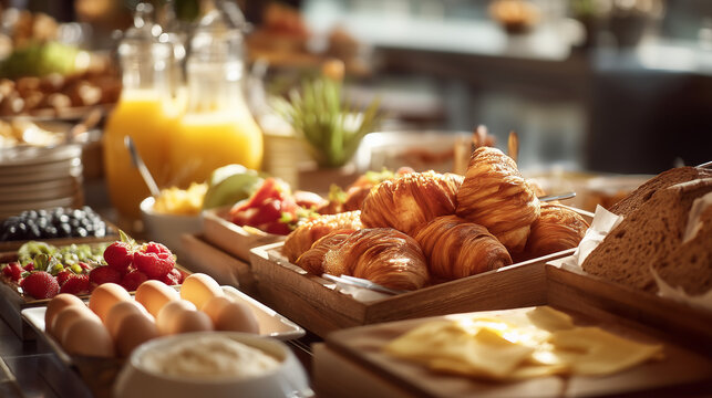 Luxury hotel breakfast buffet featuring fresh croissants, artisan bread, eggs, cheese, berries and orange juice. Elegant continental breakfast with warm morning light and premium hospitality.