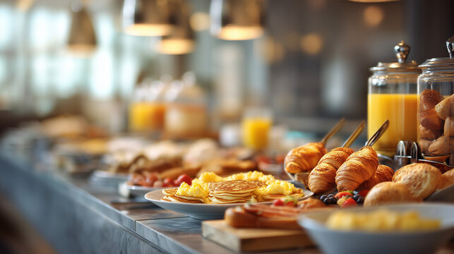 Elegant breakfast buffet with croissants, pancakes, scrambled eggs, fresh berries and orange juice served in a modern luxury hotel restaurant. Gourmet brunch and hospitality concept.