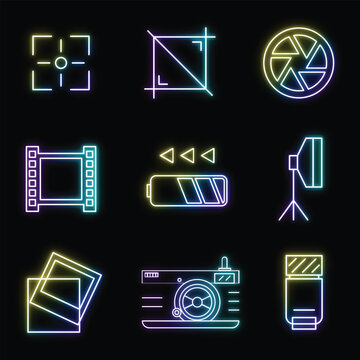 Professional photography studio equipment and camera neon icons set with colorful glowing line art on black background