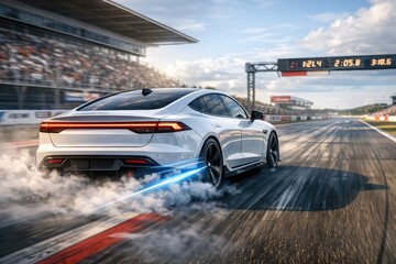 Obraz premium A white car speeding on a track with smoke coming from the exhaust, suitable for racing or sports action scenes