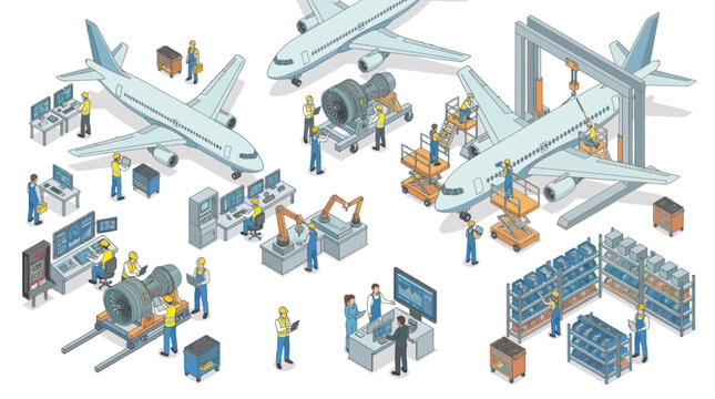 Airplane Manufacturing Assembly Line Process Illustration.