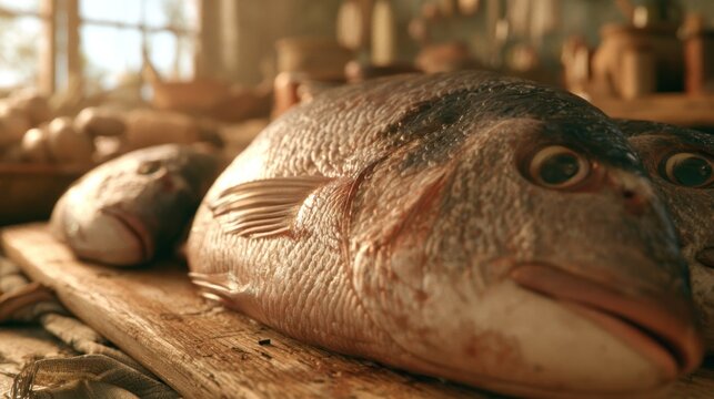 Raw gilthead seabream in a bright rustic kitchen.