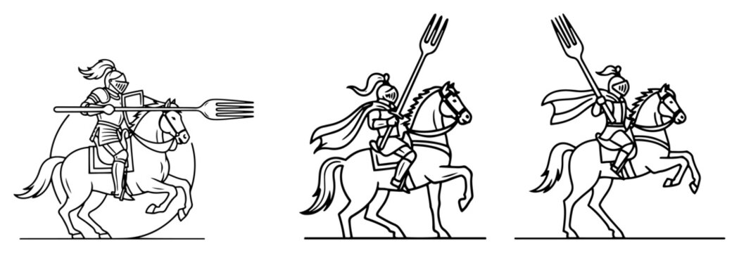 Medieval knights on horseback holding giant forks as lances in minimalist line art style