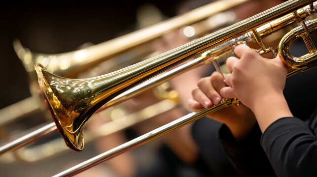 Student musicians playing trombones in close up, showcasing young performers practicing brass instruments, music education, teamwork, school band activities and artistic development concepts
