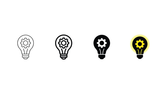 Collection of four light bulb with gear symbols inside representing innovation, ideas, and technical thinking