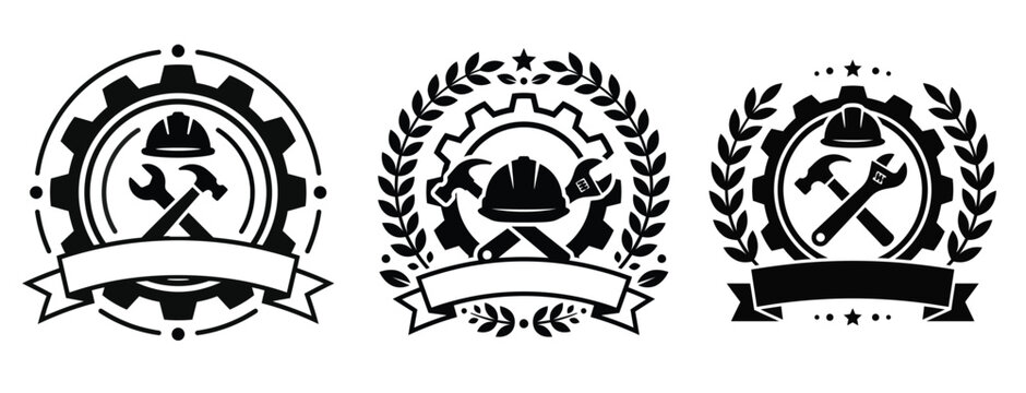 Construction logo set isolated on transparent background gears hard hats tools and laurel wreaths