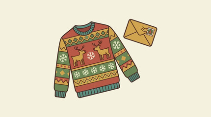 A festive Christmas sweater with reindeer and snowflakes next to a holiday letter © kijo