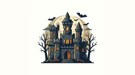 An old stone castle stands under a glowing full moon at night © komi