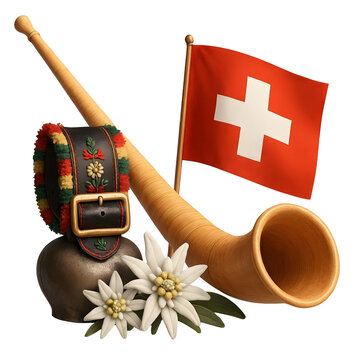 Swiss alpine horn, cowbell, edelweiss flowers, Swiss flag, traditional celebration accessories arranged for Swiss National Day on  transparent background