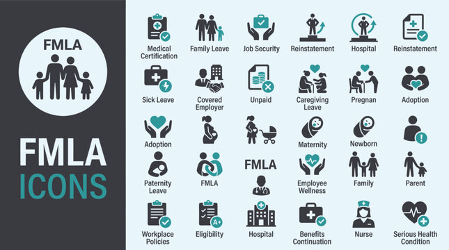 Set of FMLA family and medical leave act icons for business and human resources