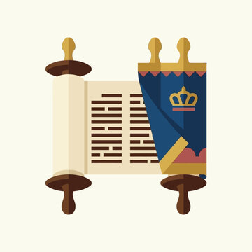 Flat vector illustration of a traditional Jewish Torah scroll with a blue mantle