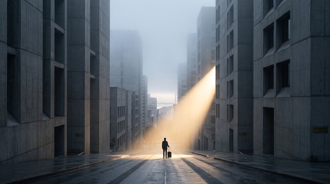 Traveler Standing in Urban Canyon with Dramatic Light