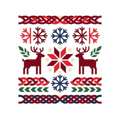 Traditional Scandinavian Christmas pattern with reindeer and snowflakes on white background © lala