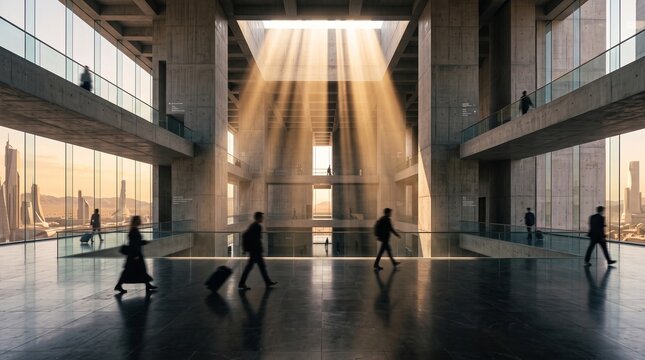 Modern Architecture Atrium with Sunlight and Business People
